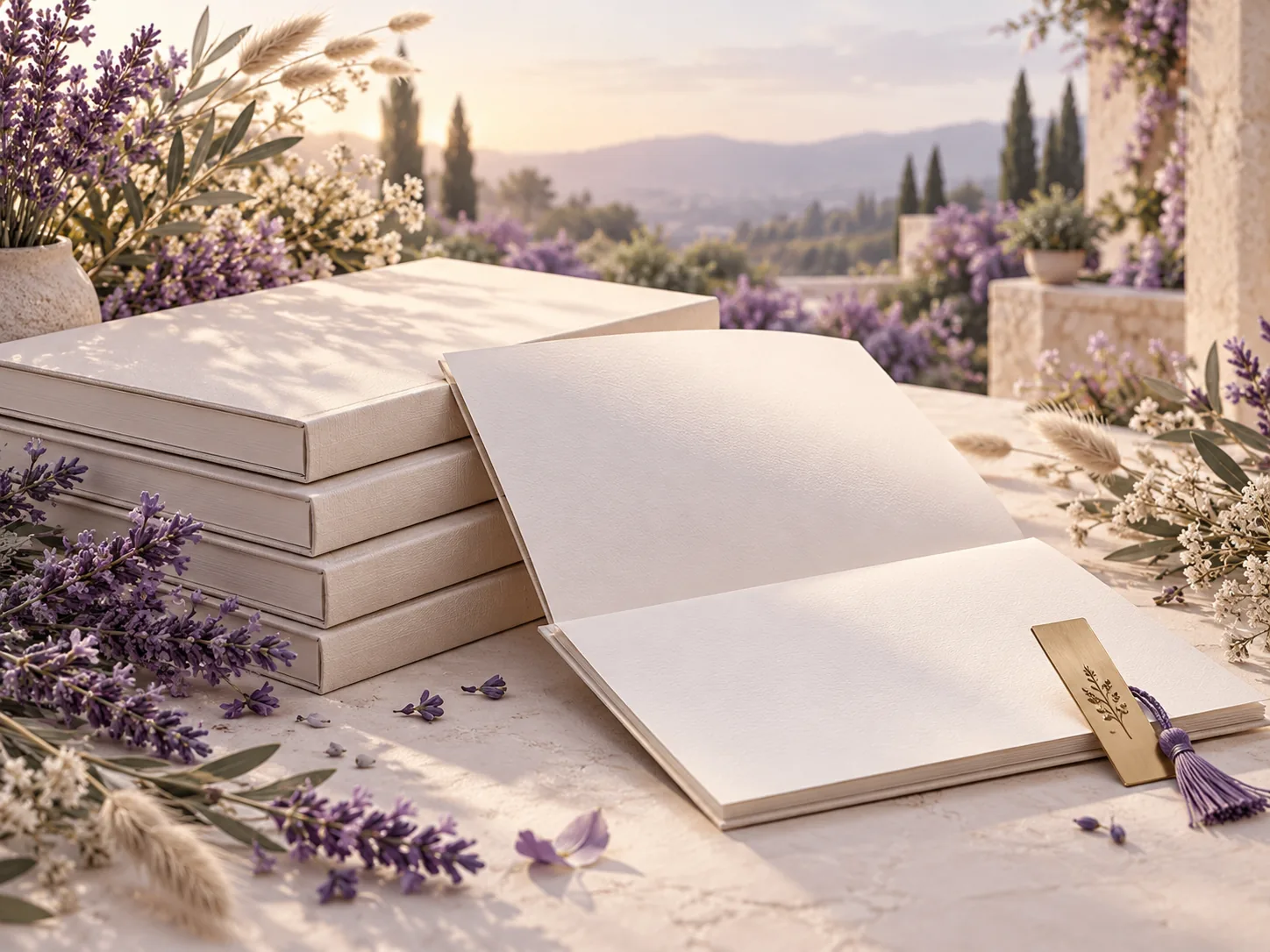 An open blank resume folio on a lavender garden desk